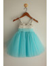 Ivory Satin Turquoise Tulle Beaded Tutu Flower Girl Dress